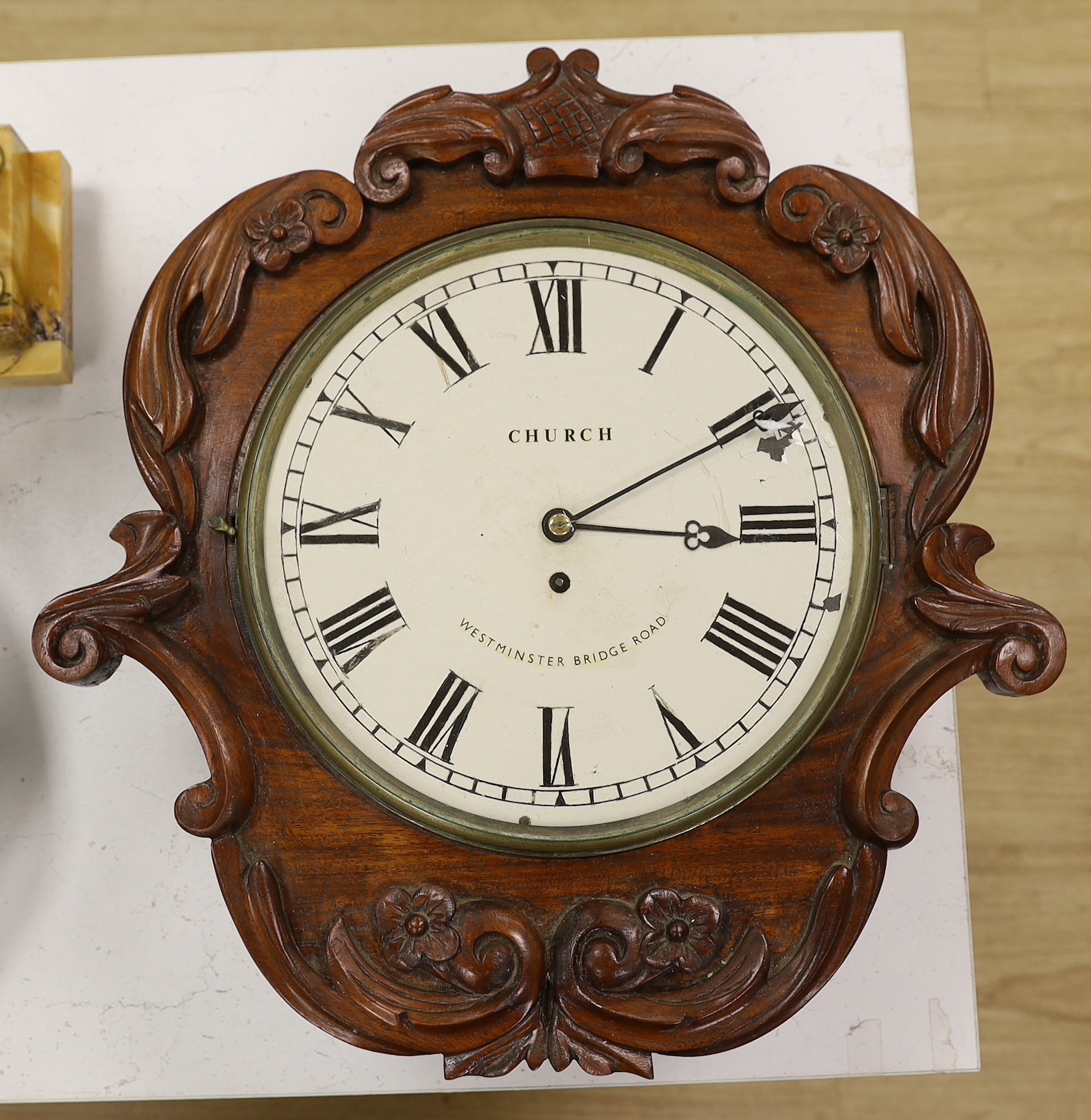 A Victorian carved mahogany fusee drop dial wall clock, Church of London, 52cm